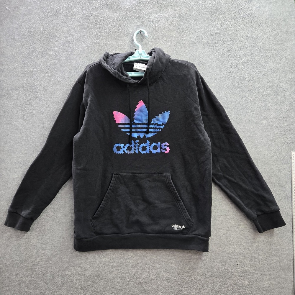Adidas Originals Men Hoodie L Black Graphic Print Trefoil Logo Fleece  READ